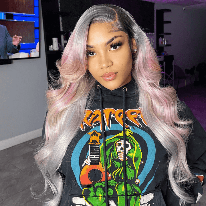 SZC Gray Color Wig With Light Pink Yellow Color Highlight Human Hair Wigs