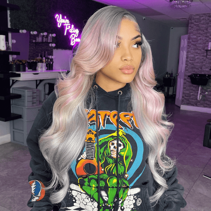 SZC Gray Color Wig With Light Pink Yellow Color Highlight Human Hair Wigs