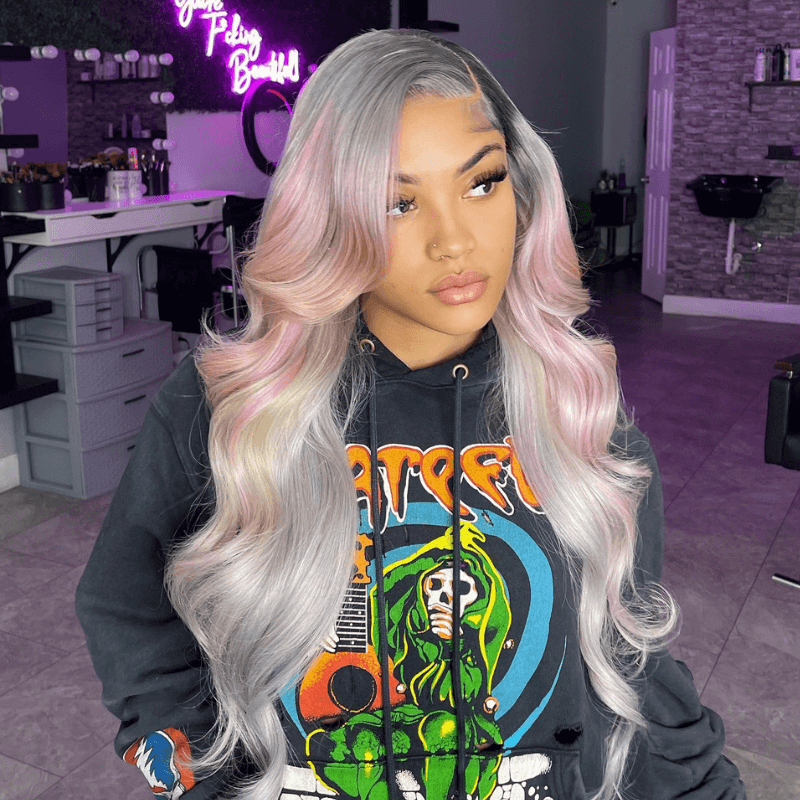 SZC Gray Color Wig With Light Pink Yellow Color Highlight Human Hair Wigs