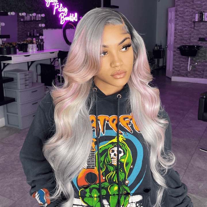 SZC Gray Color Wig With Light Pink Yellow Color Highlight Human Hair Wigs