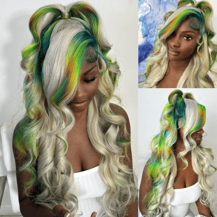 SZC Gray Color With Green Blue Yellow Red Streak Virgin Human Hair Wigs