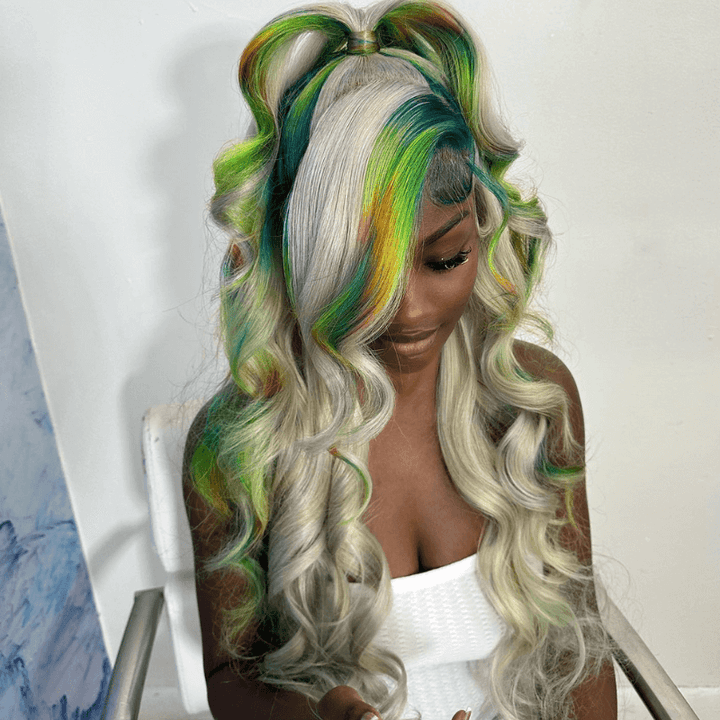SZC Gray Color With Green Blue Yellow Red Streak Virgin Human Hair Wigs