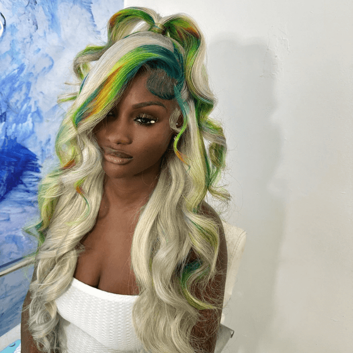 SZC Gray Color With Green Blue Yellow Red Streak Virgin Human Hair Wigs