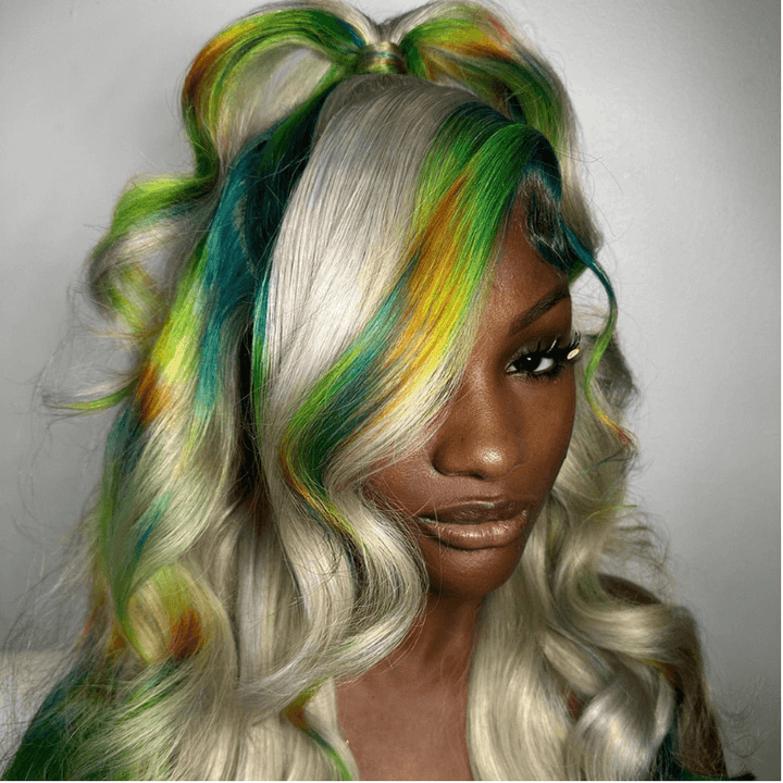 SZC Gray Color With Green Blue Yellow Red Streak Virgin Human Hair Wigs