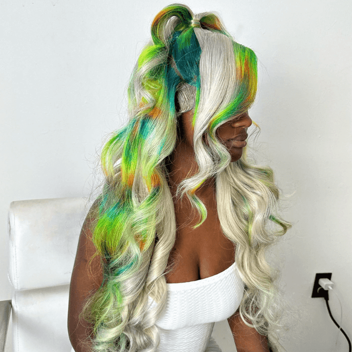 SZC Gray Color With Green Blue Yellow Red Streak Virgin Human Hair Wigs
