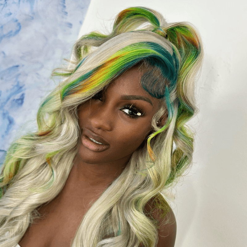 SZC Gray Color With Green Blue Yellow Red Streak Virgin Human Hair Wigs