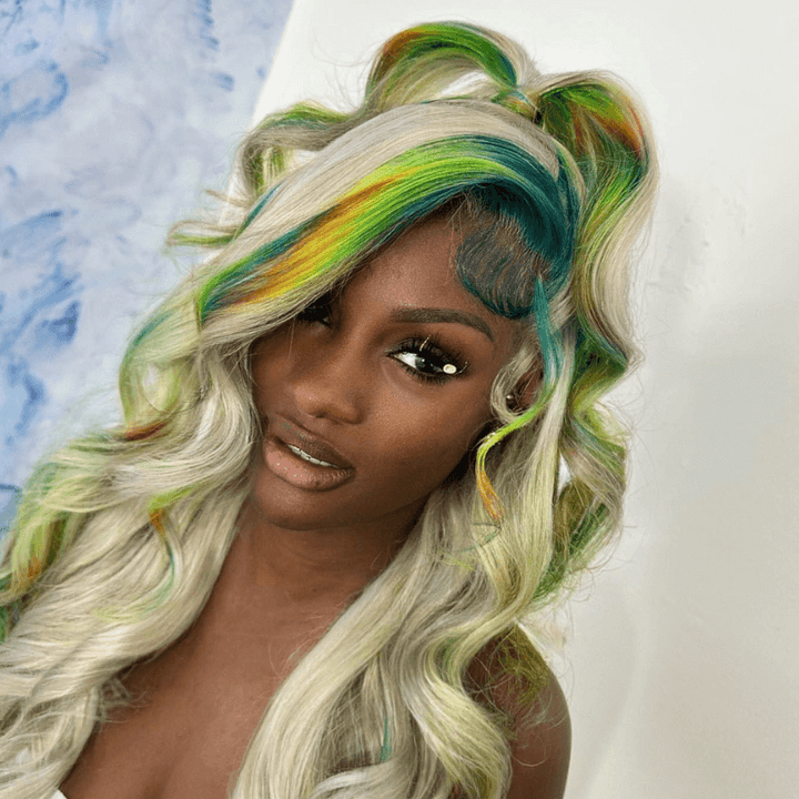 SZC Gray Color With Green Blue Yellow Red Streak Virgin Human Hair Wigs