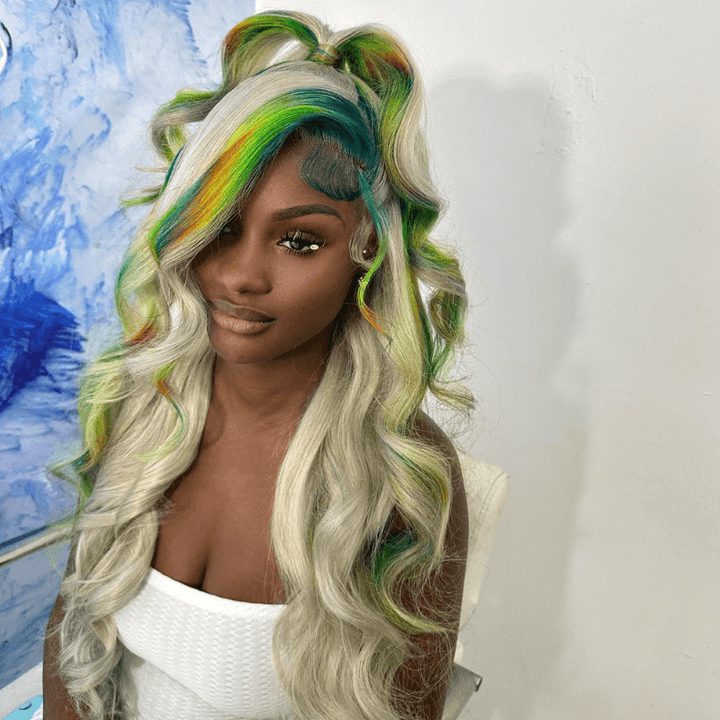 SZC Gray Color With Green Blue Yellow Red Streak Virgin Human Hair Wigs