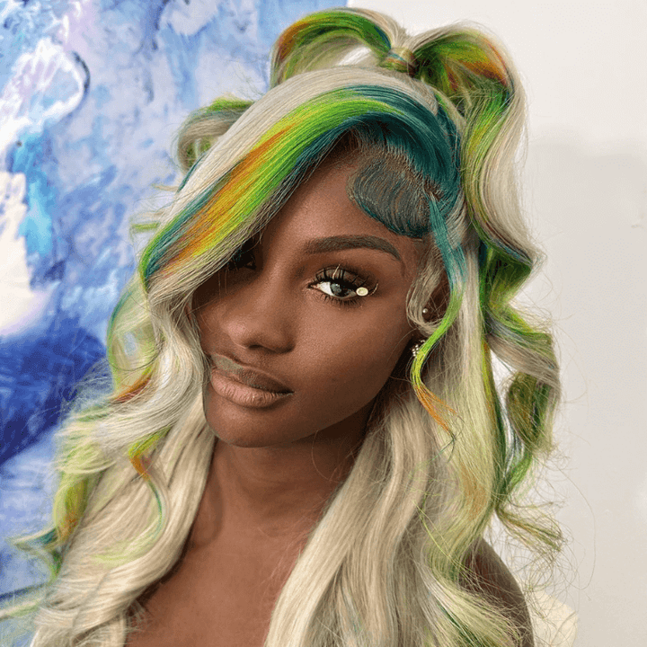 SZC Gray Color With Green Blue Yellow Red Streak Virgin Human Hair Wigs