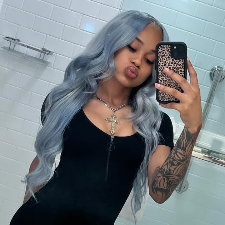 SZC Grayish Blue 13x4 Lace Front Virgin Human Hair Wigs 200 Density