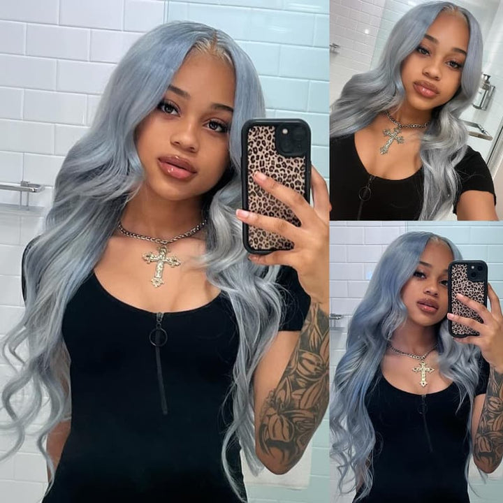 SZC Grayish Blue 13x4 Lace Front Virgin Human Hair Wigs 200 Density