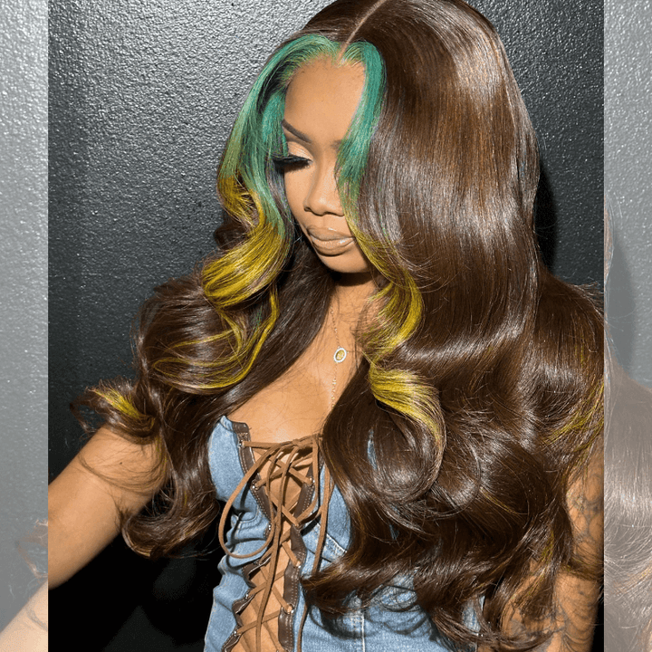 SZC Green Yellow Skunk Stripe Chocolate Brown Lace Front Human Hair Wig