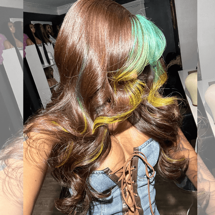 SZC Green Yellow Skunk Stripe Chocolate Brown Lace Front Human Hair Wig
