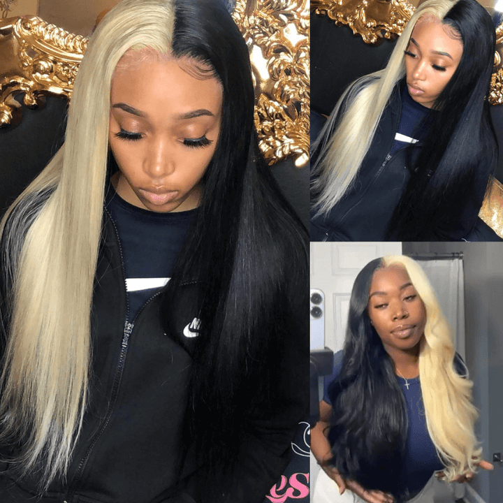 SZC Half Black Half Blonde Bone Straight 13x4 HD Lace Front Human Hair Wigs