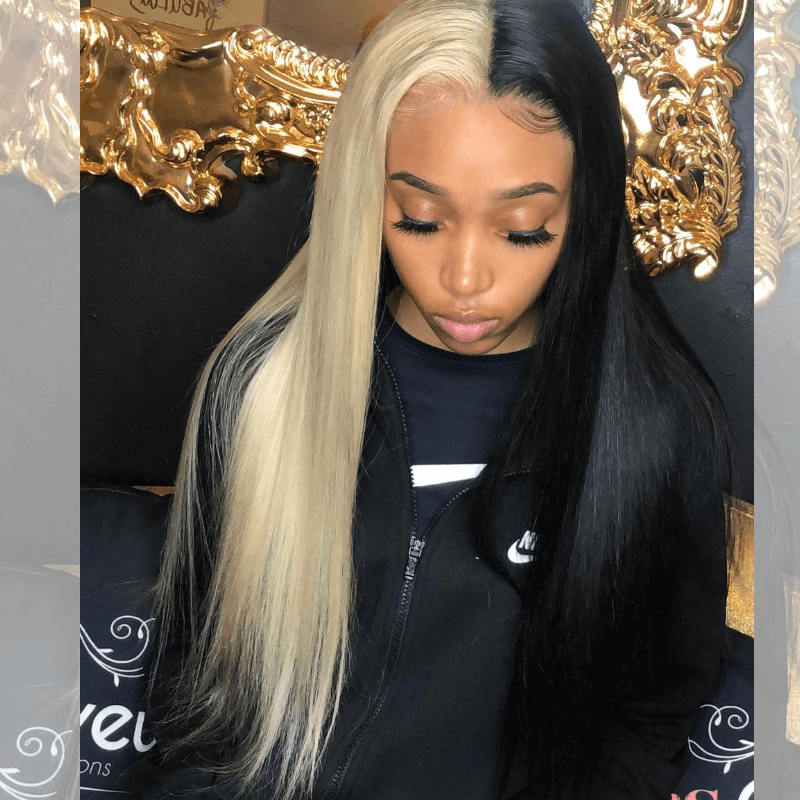 SZC Half Black Half Blonde Bone Straight 13x4 HD Lace Front Human Hair Wigs