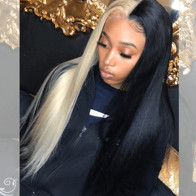 SZC Half Black Half Blonde Bone Straight 13x4 HD Lace Front Human Hair Wigs
