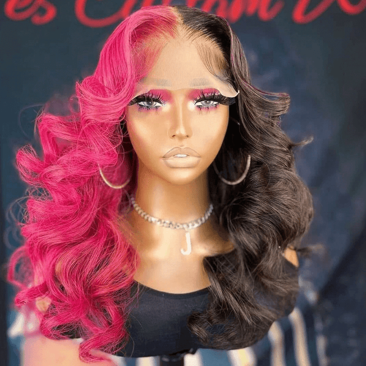 SZC Half Black Half Hot Pink 13x4 HD Lace Front Human Hair Wigs
