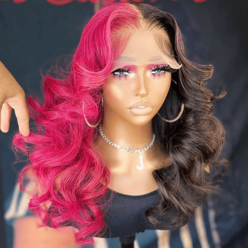 SZC Half Black Half Hot Pink 13x4 HD Lace Front Human Hair Wigs