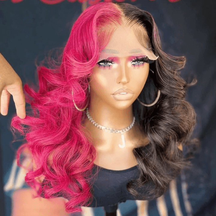 SZC Half Black Half Hot Pink 13x4 HD Lace Front Human Hair Wigs