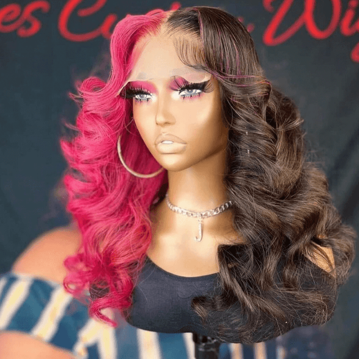 SZC Half Black Half Hot Pink 13x4 HD Lace Front Human Hair Wigs