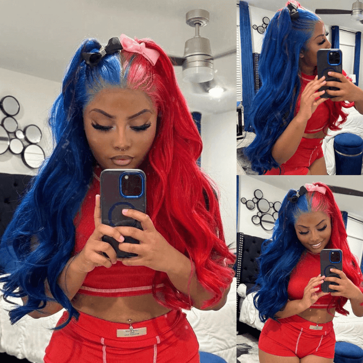 SZC Half Blue Half 99J Red 13x4 HD Lace Front Virgin Human Hair Wigs