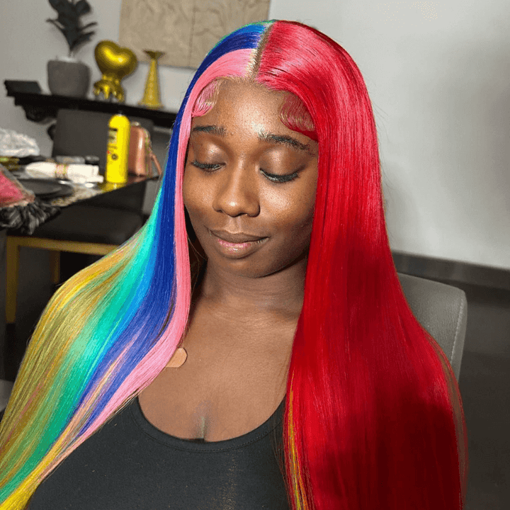 SZC Half Red Half Pink Blue Green Yellow 13x4 Lace Front Human Hair Wig