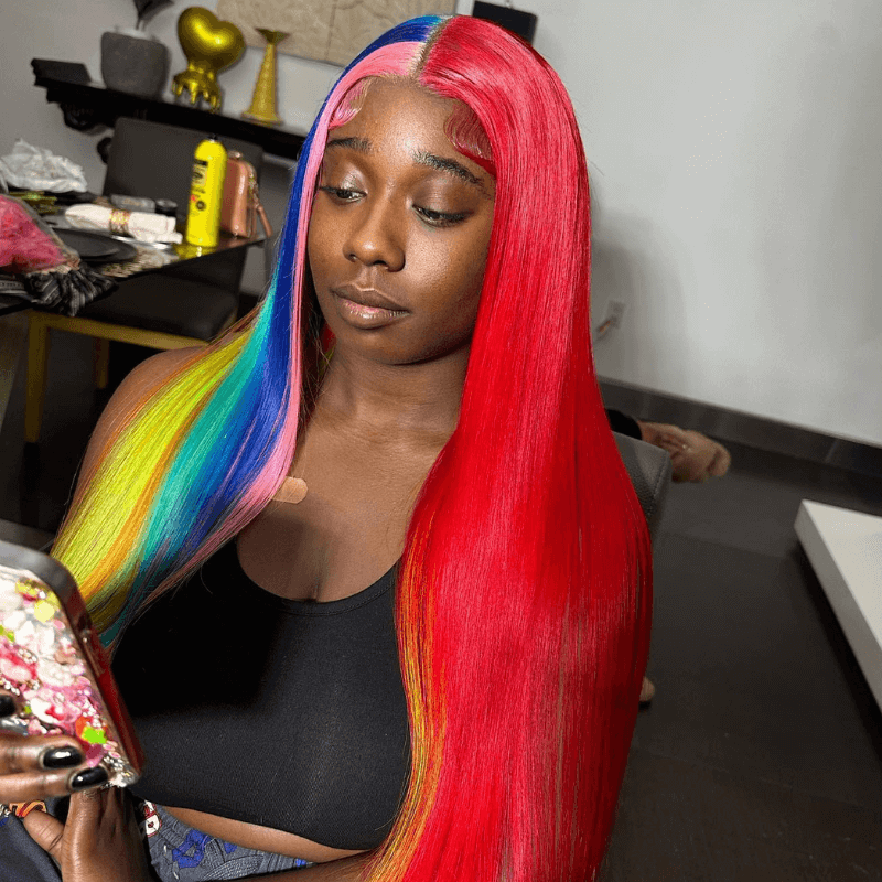 SZC Half Red Half Pink Blue Green Yellow 13x4 Lace Front Human Hair Wig