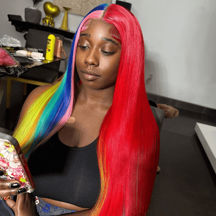 SZC Half Red Half Pink Blue Green Yellow 13x4 Lace Front Human Hair Wig