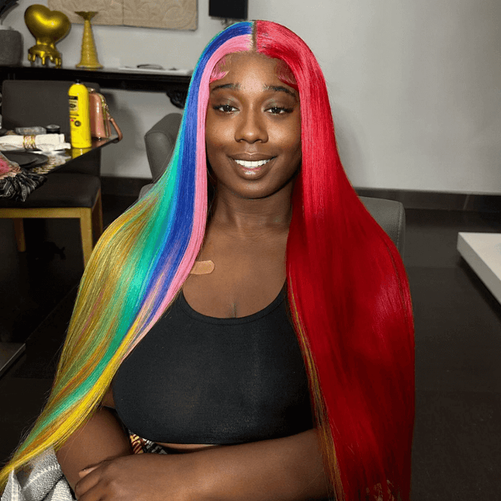 SZC Half Red Half Pink Blue Green Yellow 13x4 Lace Front Human Hair Wig