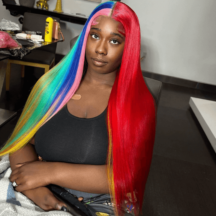 SZC Half Red Half Pink Blue Green Yellow 13x4 Lace Front Human Hair Wig