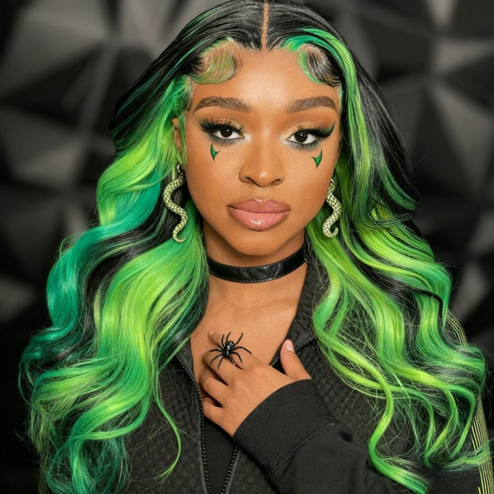 SZC Halloween Cosplay Black With Green Streak Highlights 13x4 Lace Front Human Hair Wigs