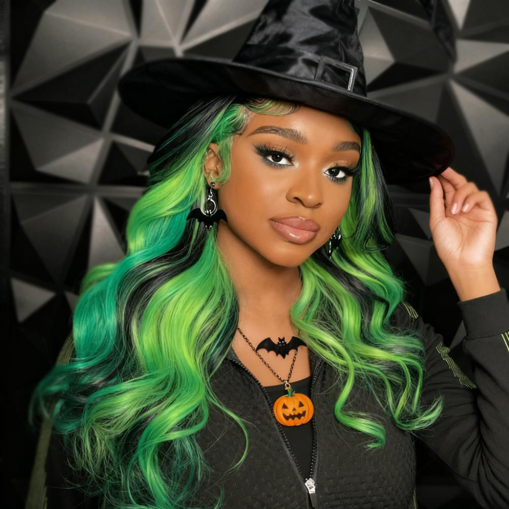 SZC Halloween Cosplay Black With Green Streak Highlights 13x4 Lace Front Human Hair Wigs