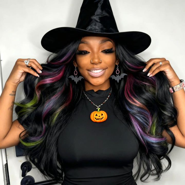 SZC Halloween Cosplay Black With Purple Green Blue Highlights Lace Front Human Hair Wigs