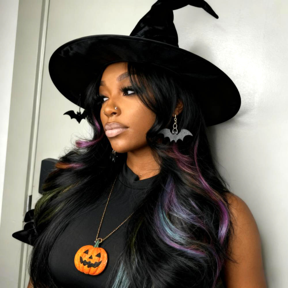 SZC Halloween Cosplay Black With Purple Green Blue Highlights Lace Front Human Hair Wigs
