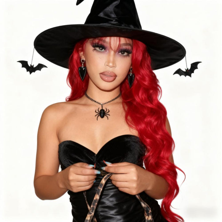 SZC Halloween Cosplay Burgundy Red Body Wave 13x4 Lace Front Human Hair Wigs With Bangs