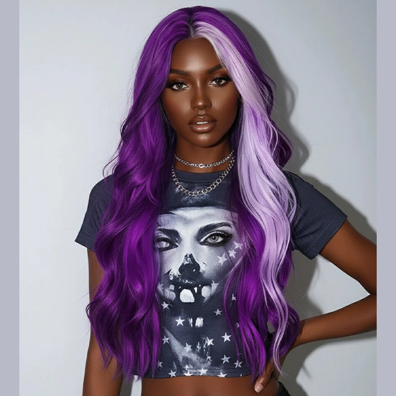 SZC Halloween Cosplay Lavender Streak Purple 13x4 Lace Front Virgin Human Hair Wigs