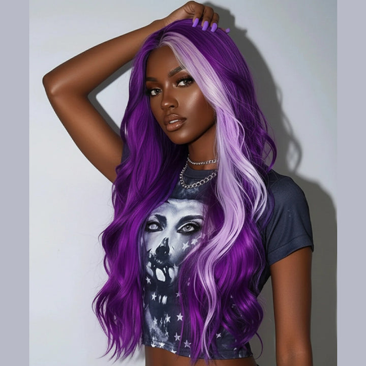 SZC Halloween Cosplay Lavender Streak Purple 13x4 Lace Front Virgin Human Hair Wigs