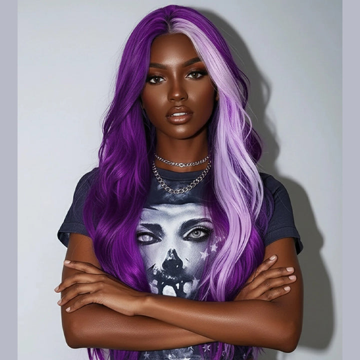 SZC Halloween Cosplay Lavender Streak Purple 13x4 Lace Front Virgin Human Hair Wigs