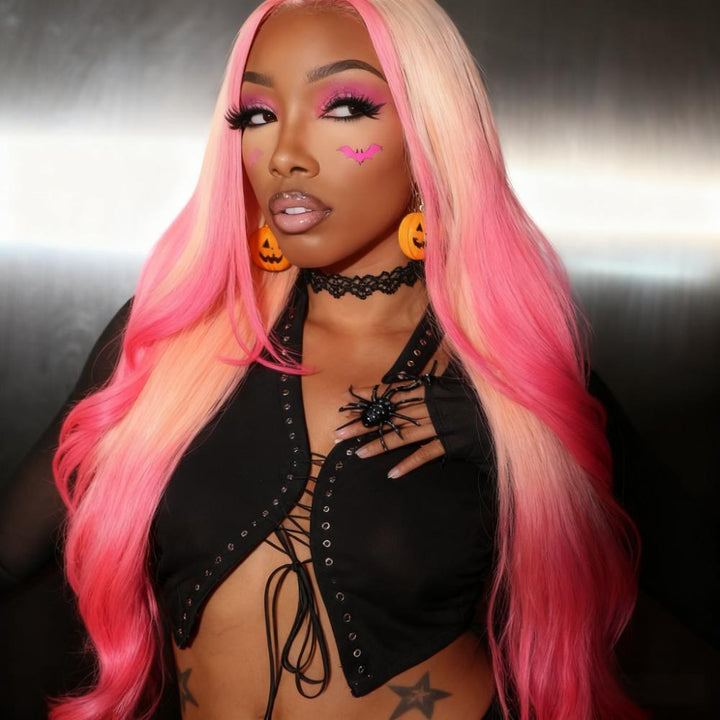 SZC Halloween Cosplay Ombre Blonde Pink 13x4 Lace Front Virgin Human Hair Wigs