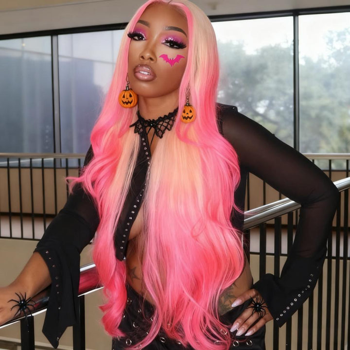SZC Halloween Cosplay Ombre Blonde Pink 13x4 Lace Front Virgin Human Hair Wigs