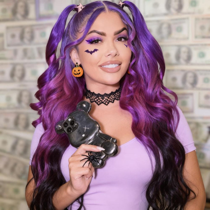 SZC Halloween Cosplay Ombre Blue Purple Black Body Wave 13x4 Lace Front Human Hair Wigs