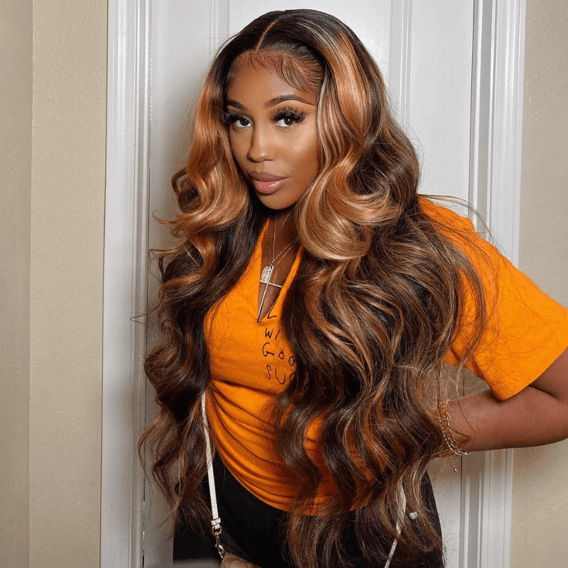 SZC Honey Blonde Brown Highlight Streaks 13x4 HD Lace Front Human Hair Wigs