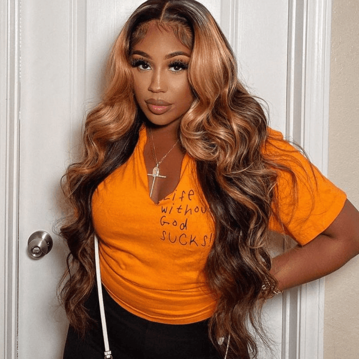 SZC Honey Blonde Brown Highlight Streaks 13x4 HD Lace Front Human Hair Wigs