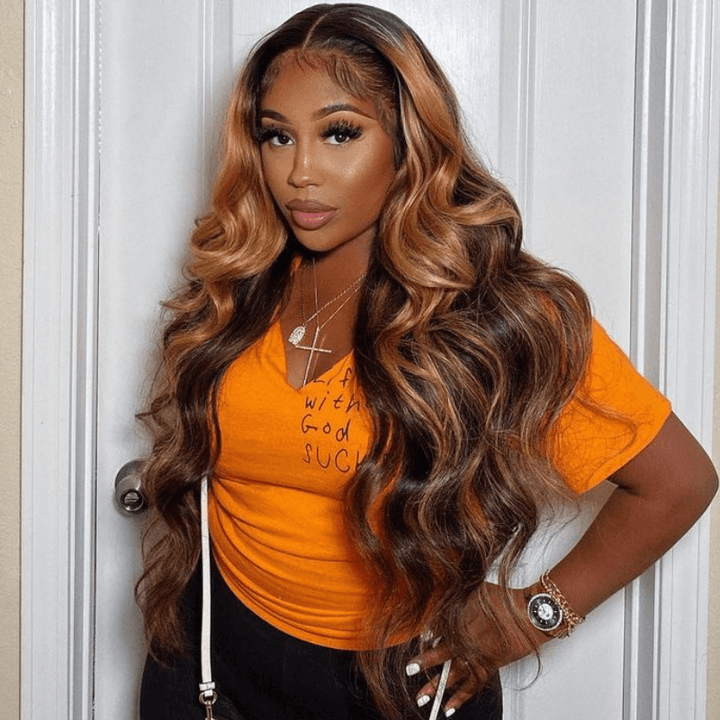 SZC Honey Blonde Brown Highlight Streaks 13x4 HD Lace Front Human Hair Wigs