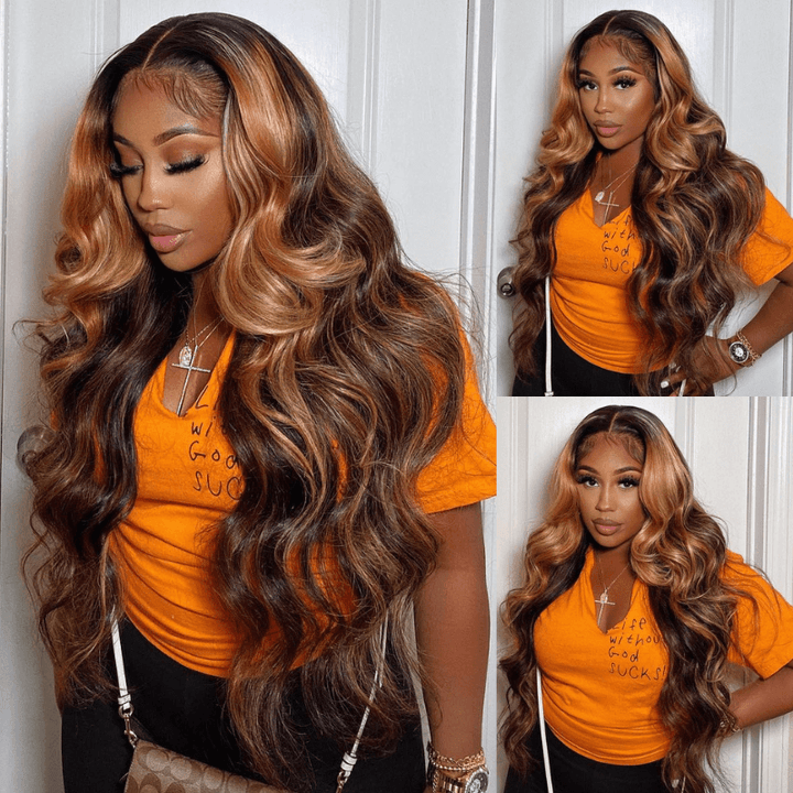 SZC Honey Blonde Brown Highlight Streaks 13x4 HD Lace Front Human Hair Wigs