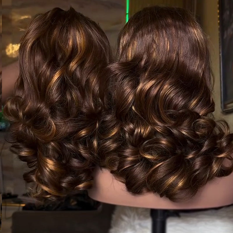 SZC Honey Blonde Brown Highlights Bouncy Body Wave 5x6 Glueless Human Hair Wig