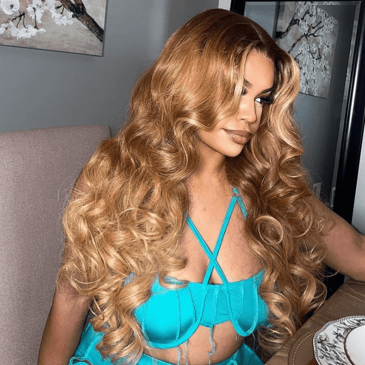 SZC Honey Blonde Brown With Dark Roots Body Wave Lace Front Human Hair Wig