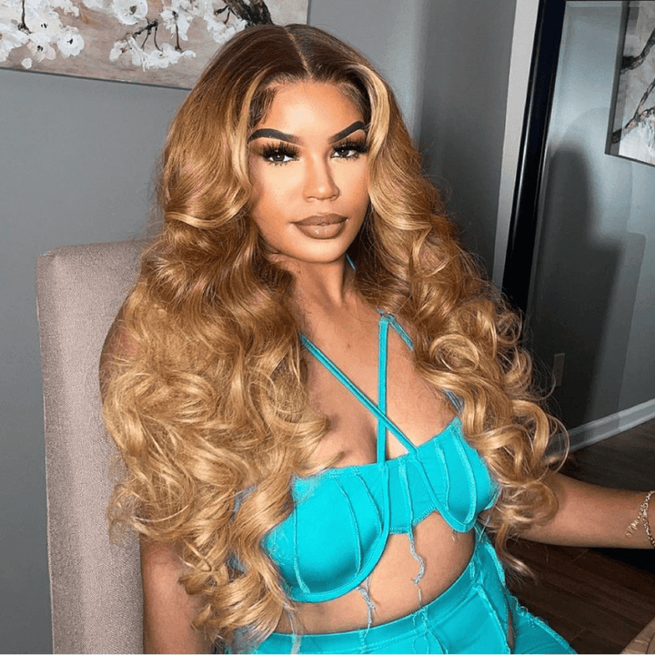 SZC Honey Blonde Brown With Dark Roots Body Wave Lace Front Human Hair Wig