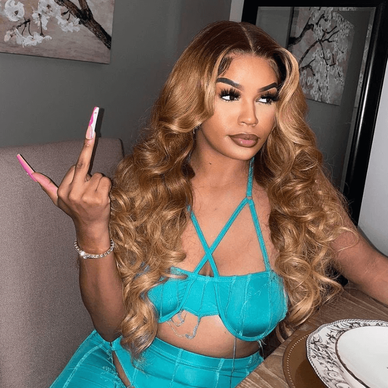 SZC Honey Blonde Brown With Dark Roots Body Wave Lace Front Human Hair Wig