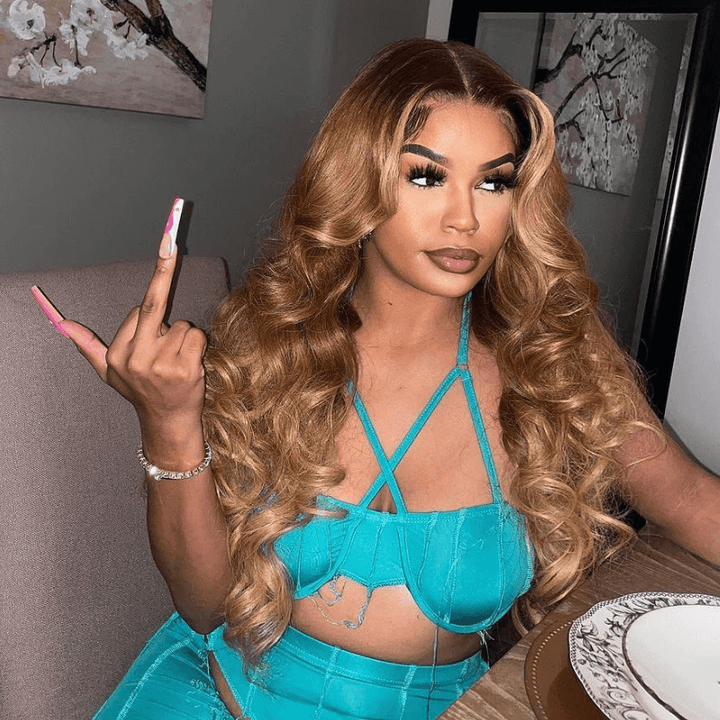 SZC Honey Blonde Brown With Dark Roots Body Wave Lace Front Human Hair Wig